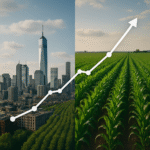Skyline de cidade e plantação com gráfico de crescimento, representando CRI e CRA.